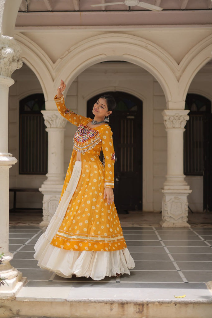 Yellow Navratri Special Bandhani Kurti with Kora Cotton Frill Lehenga Set – Full Stitched ClothsVilla