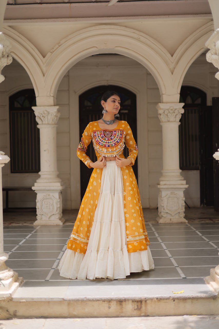 Yellow Navratri Special Bandhani Kurti with Kora Cotton Frill Lehenga Set – Full Stitched ClothsVilla
