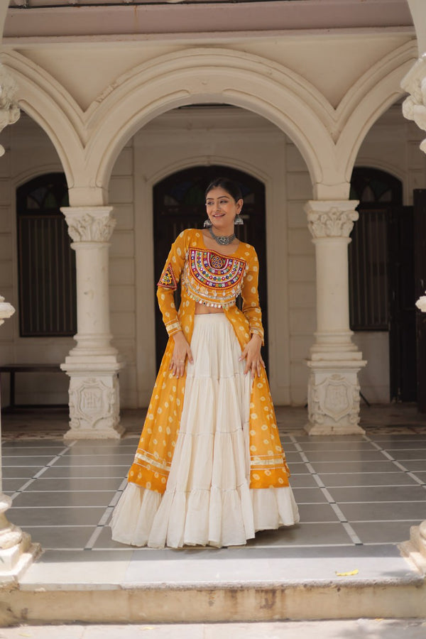 Yellow Navratri Special Bandhani Kurti with Kora Cotton Frill Lehenga Set – Full Stitched ClothsVilla