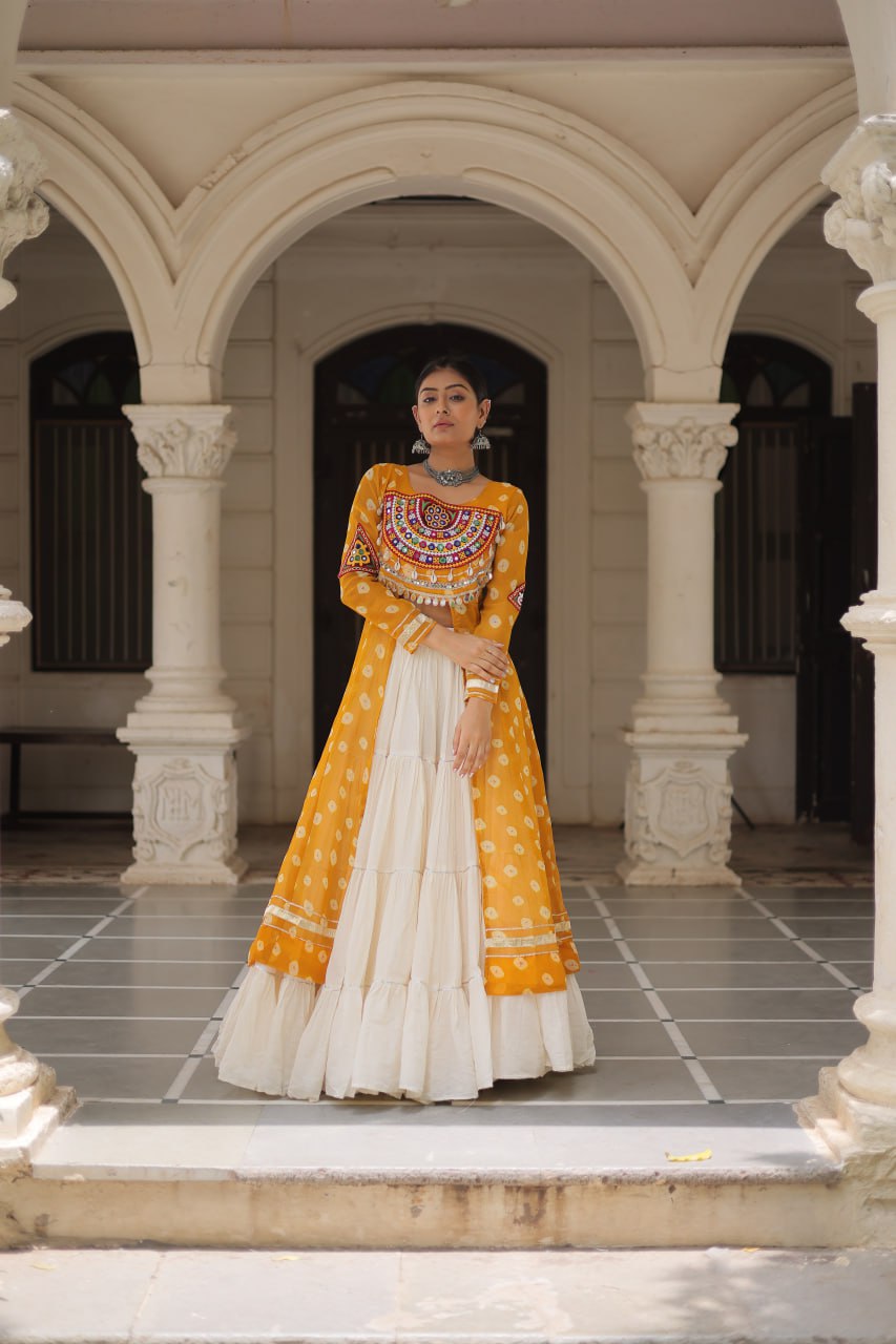 Yellow Navratri Special Bandhani Kurti with Kora Cotton Frill Lehenga Set – Full Stitched ClothsVilla