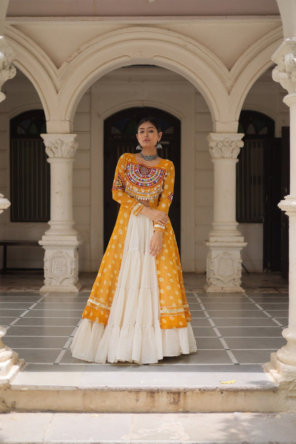 Yellow Navratri Special Bandhani Kurti with Kora Cotton Frill Lehenga Set – Full Stitched ClothsVilla