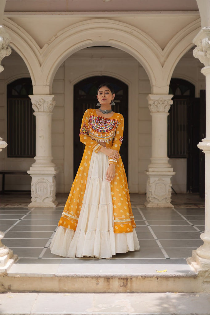 Yellow Navratri Special Bandhani Kurti with Kora Cotton Frill Lehenga Set – Full Stitched ClothsVilla