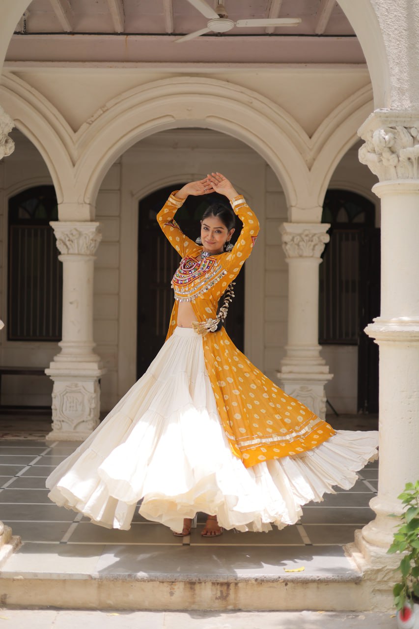 Yellow Navratri Special Bandhani Kurti with Kora Cotton Frill Lehenga Set – Full Stitched ClothsVilla