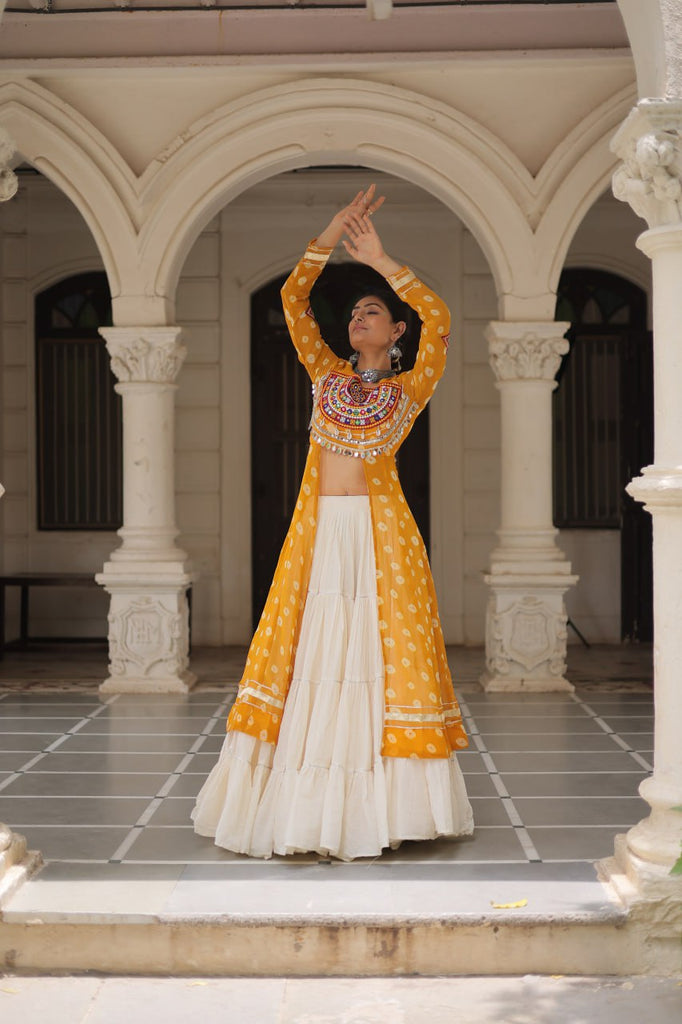 Yellow Navratri Special Bandhani Kurti with Kora Cotton Frill Lehenga Set – Full Stitched ClothsVilla