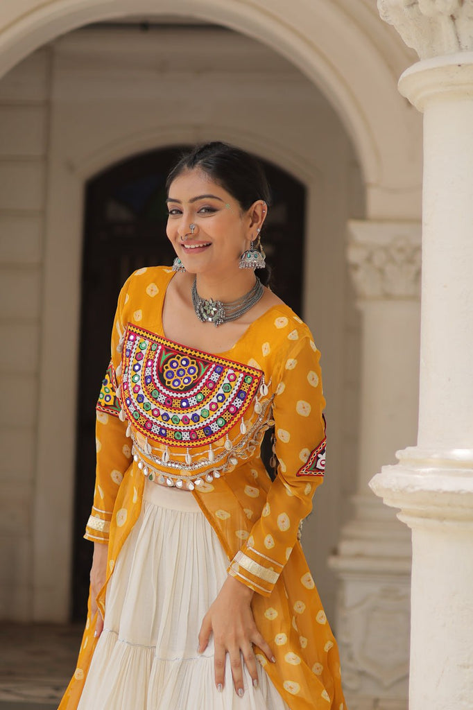 Yellow Navratri Special Bandhani Kurti with Kora Cotton Frill Lehenga Set – Full Stitched ClothsVilla