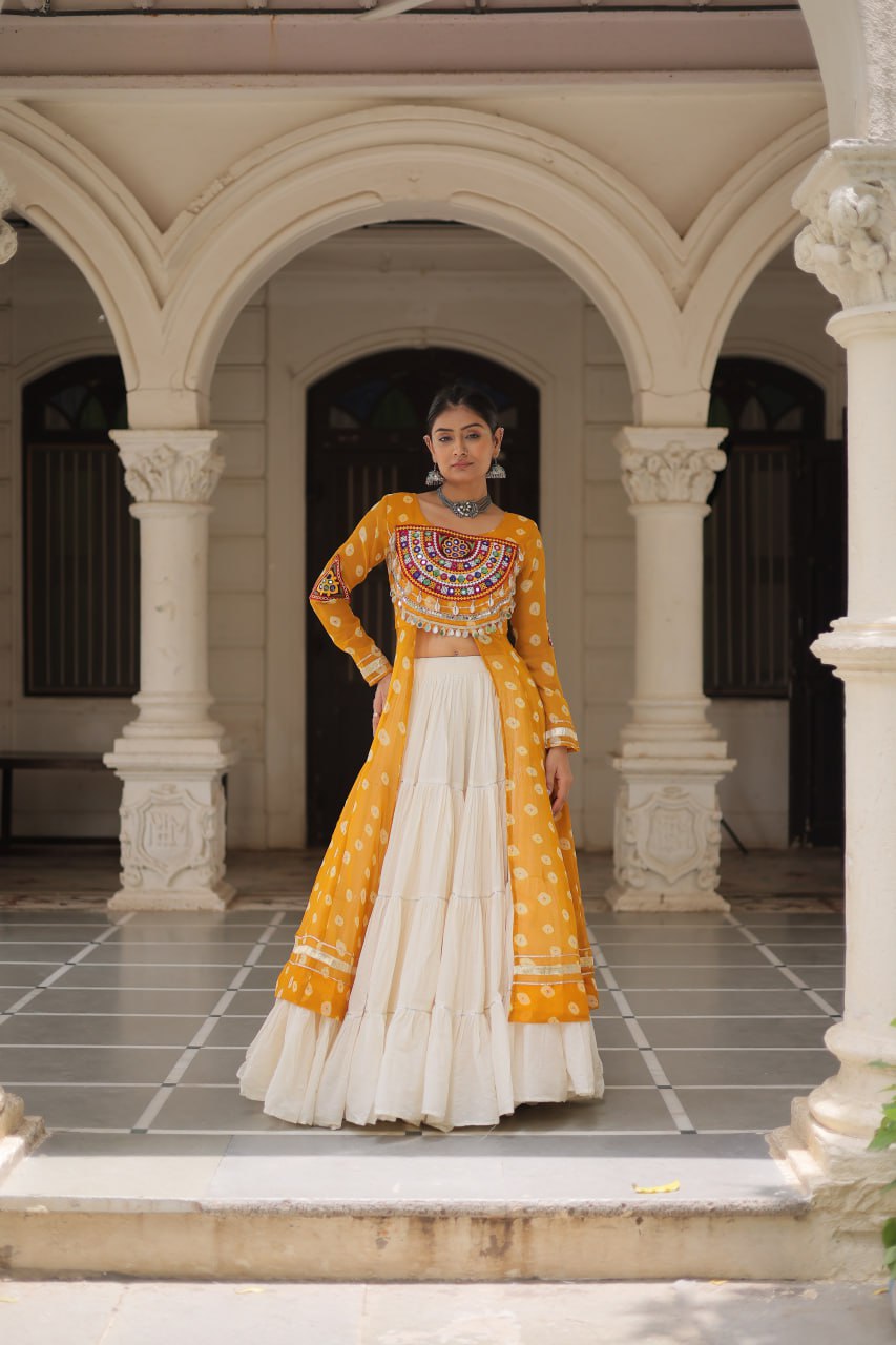 Yellow Navratri Special Bandhani Kurti with Kora Cotton Frill Lehenga Set – Full Stitched ClothsVilla Main image