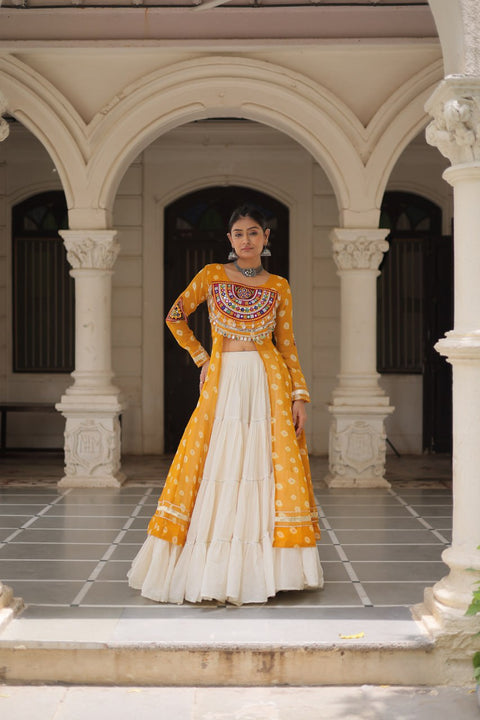 Yellow Navratri Special Bandhani Kurti with Kora Cotton Frill Lehenga Set – Full Stitched ClothsVilla Main image