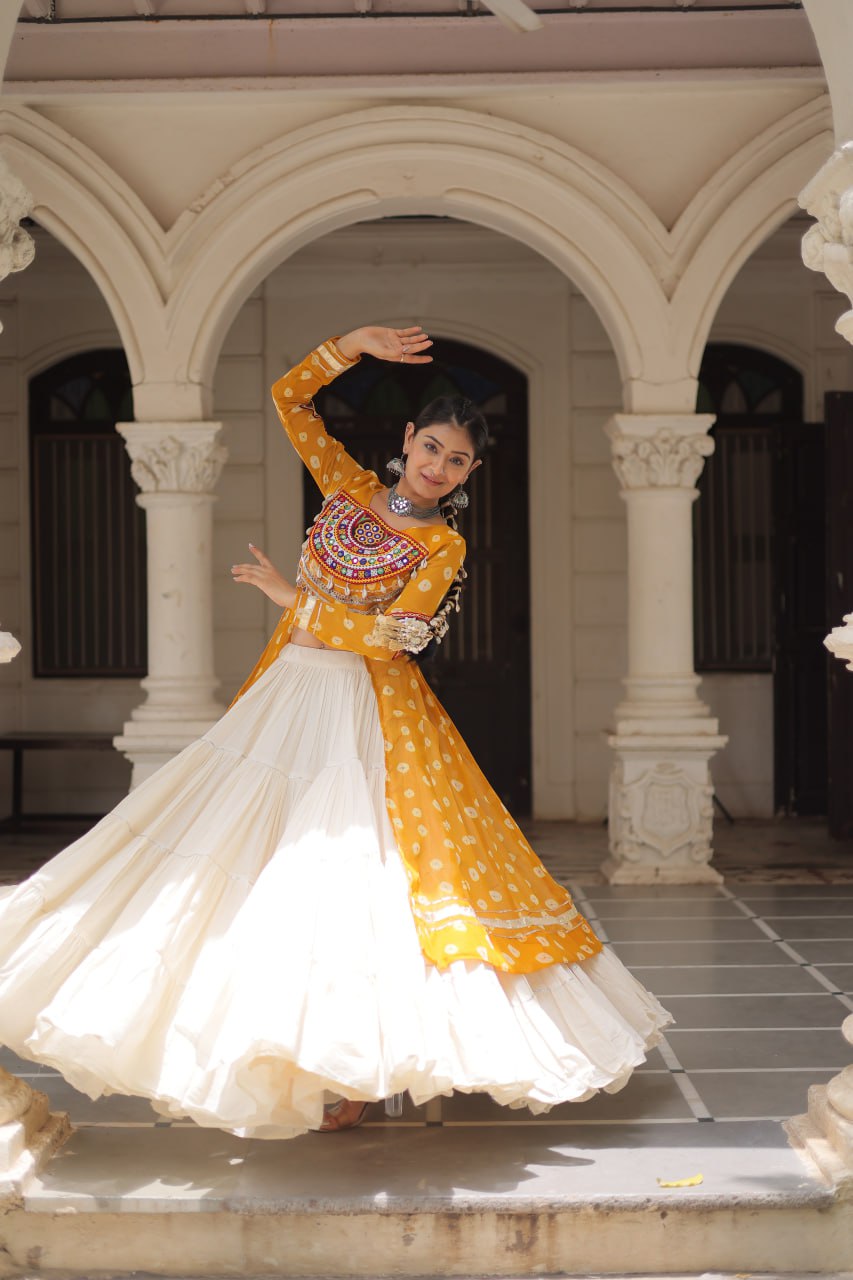 Yellow Navratri Special Bandhani Kurti with Kora Cotton Frill Lehenga Set – Full Stitched ClothsVilla