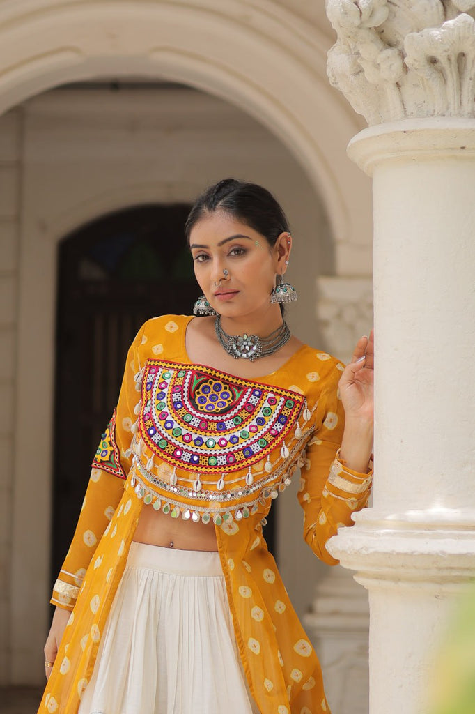 Yellow Navratri Special Bandhani Kurti with Kora Cotton Frill Lehenga Set – Full Stitched ClothsVilla