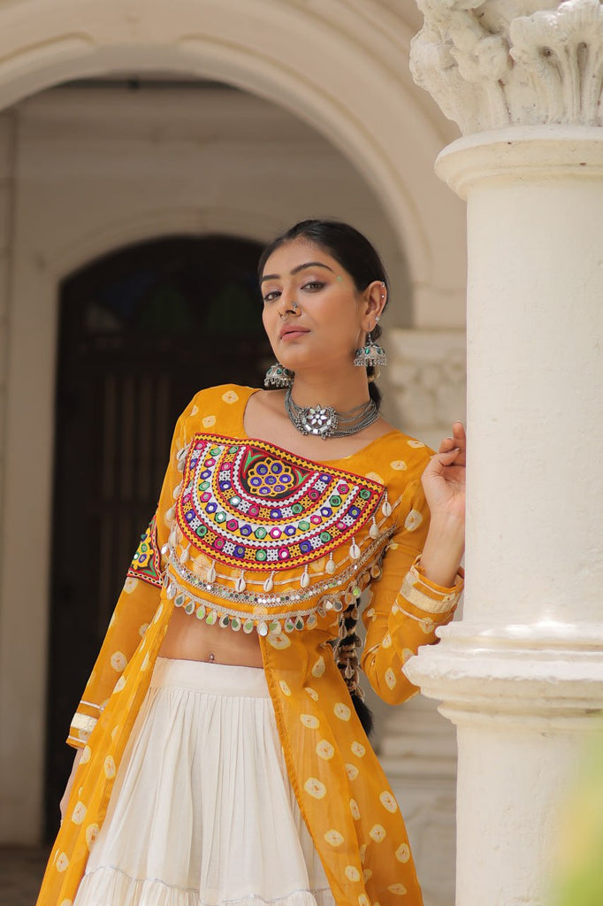 Yellow Navratri Special Bandhani Kurti with Kora Cotton Frill Lehenga Set – Full Stitched ClothsVilla