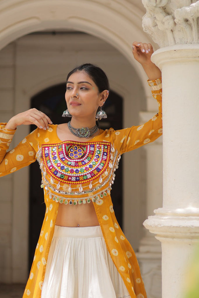 Yellow Navratri Special Bandhani Kurti with Kora Cotton Frill Lehenga Set – Full Stitched ClothsVilla