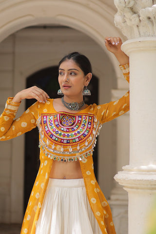 Yellow Navratri Special Bandhani Kurti with Kora Cotton Frill Lehenga Set – Full Stitched ClothsVilla