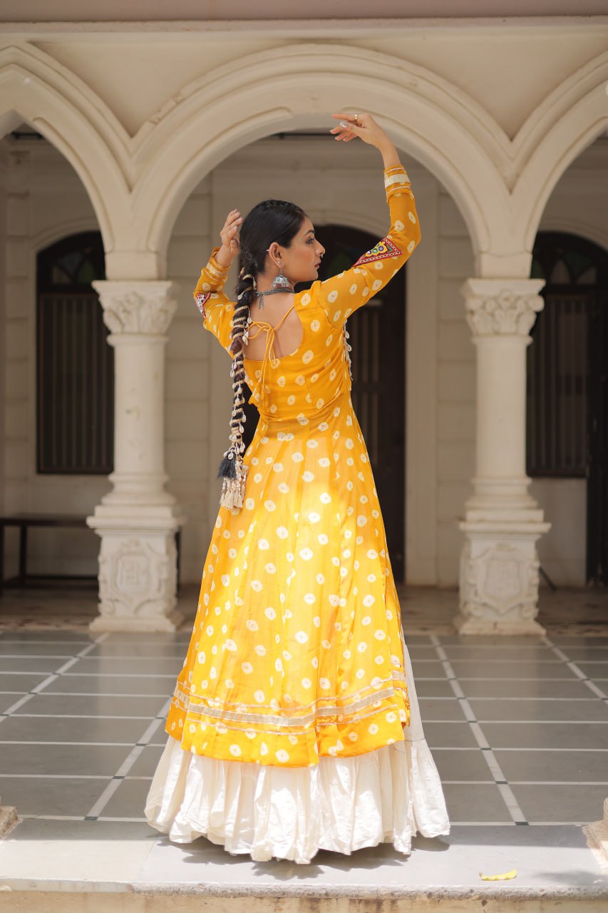 Yellow Navratri Special Bandhani Kurti with Kora Cotton Frill Lehenga Set – Full Stitched ClothsVilla