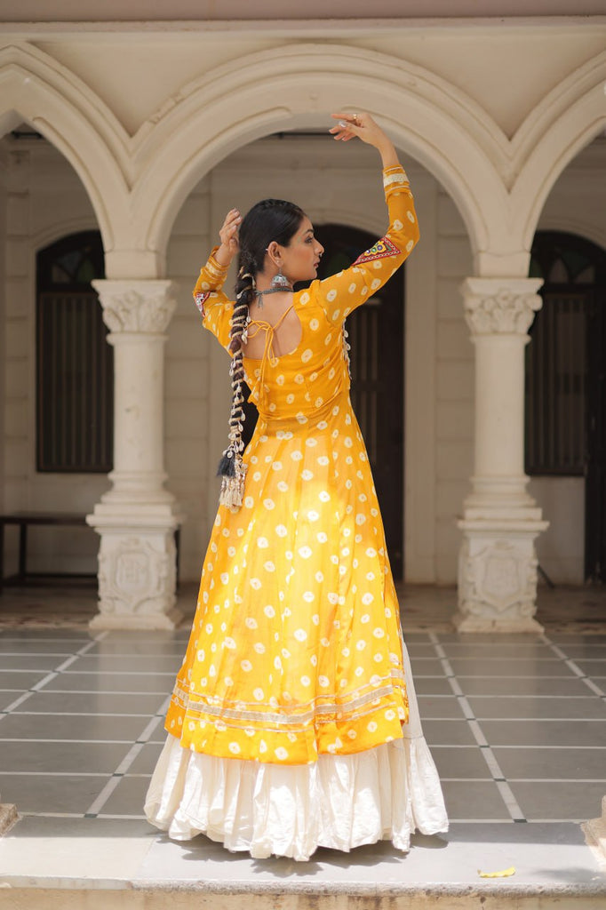 Yellow Navratri Special Bandhani Kurti with Kora Cotton Frill Lehenga Set – Full Stitched ClothsVilla