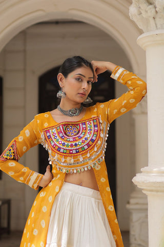 Yellow Navratri Special Bandhani Kurti with Kora Cotton Frill Lehenga Set – Full Stitched ClothsVilla