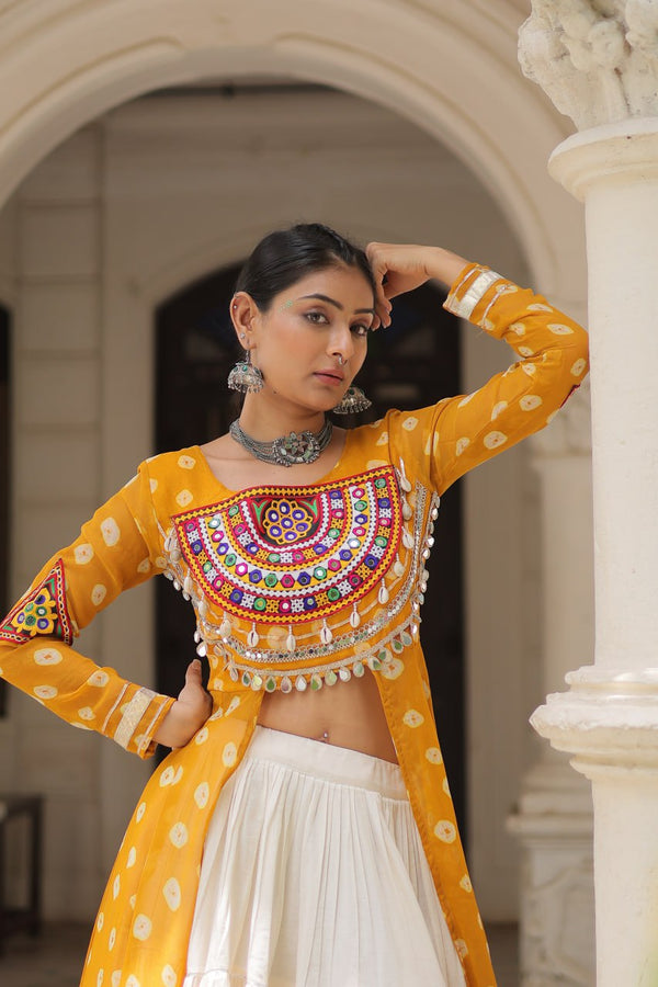 Yellow Navratri Special Bandhani Kurti with Kora Cotton Frill Lehenga Set – Full Stitched ClothsVilla
