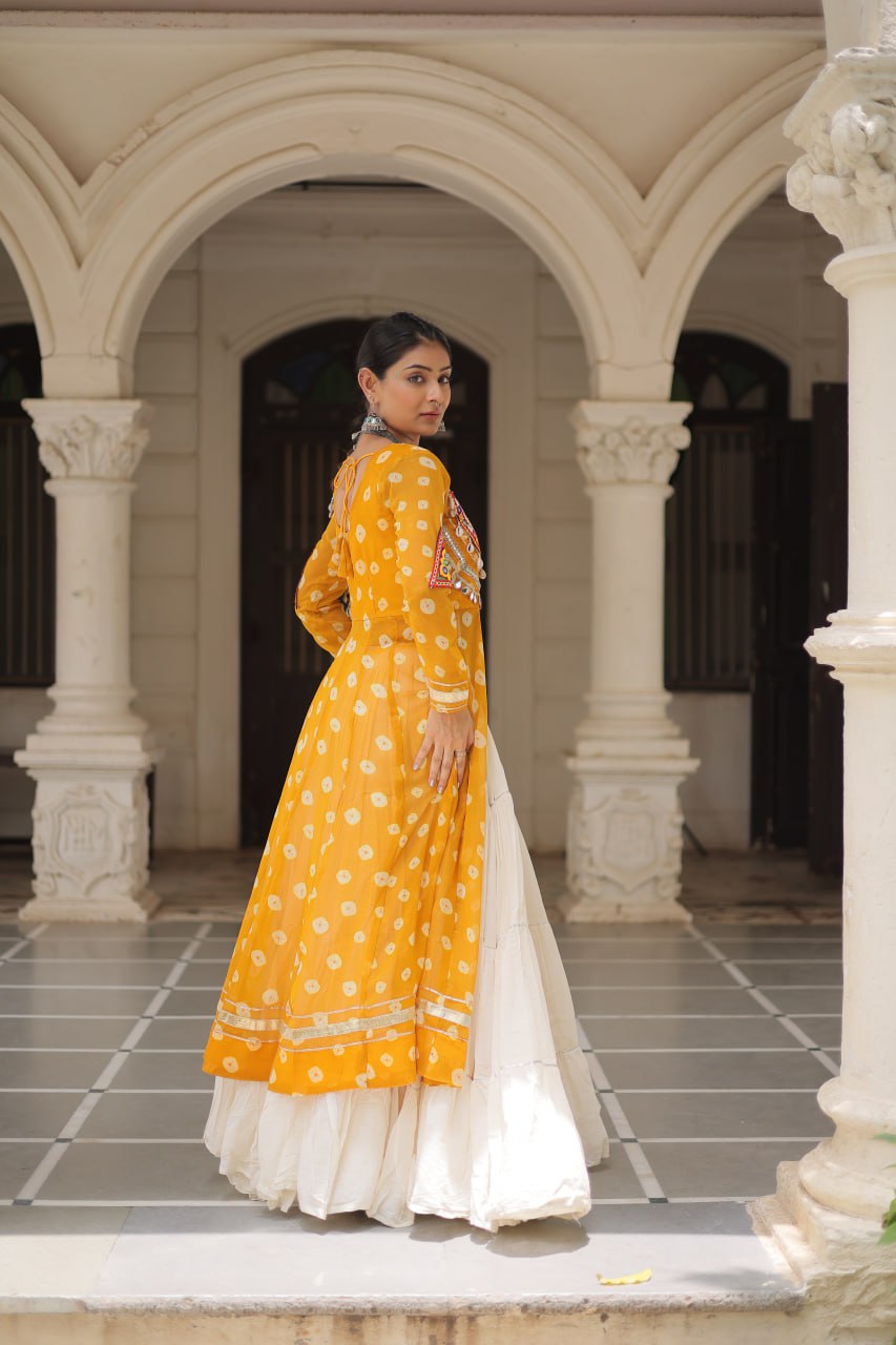Yellow Navratri Special Bandhani Kurti with Kora Cotton Frill Lehenga Set – Full Stitched ClothsVilla