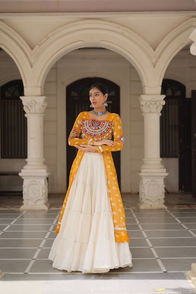 Yellow Navratri Special Bandhani Kurti with Kora Cotton Frill Lehenga Set – Full Stitched ClothsVilla
