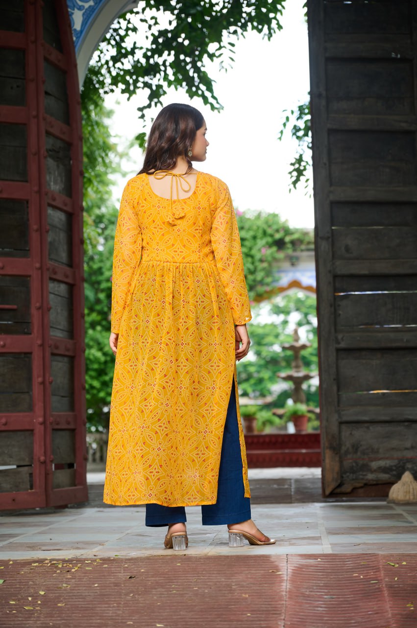 Yellow Navratri Special Bandhej Print Kurti with Kutchi Patch Work ClothsVilla