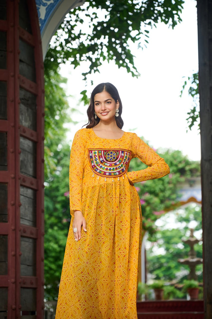 Yellow Navratri Special Bandhej Print Kurti with Kutchi Patch Work ClothsVilla