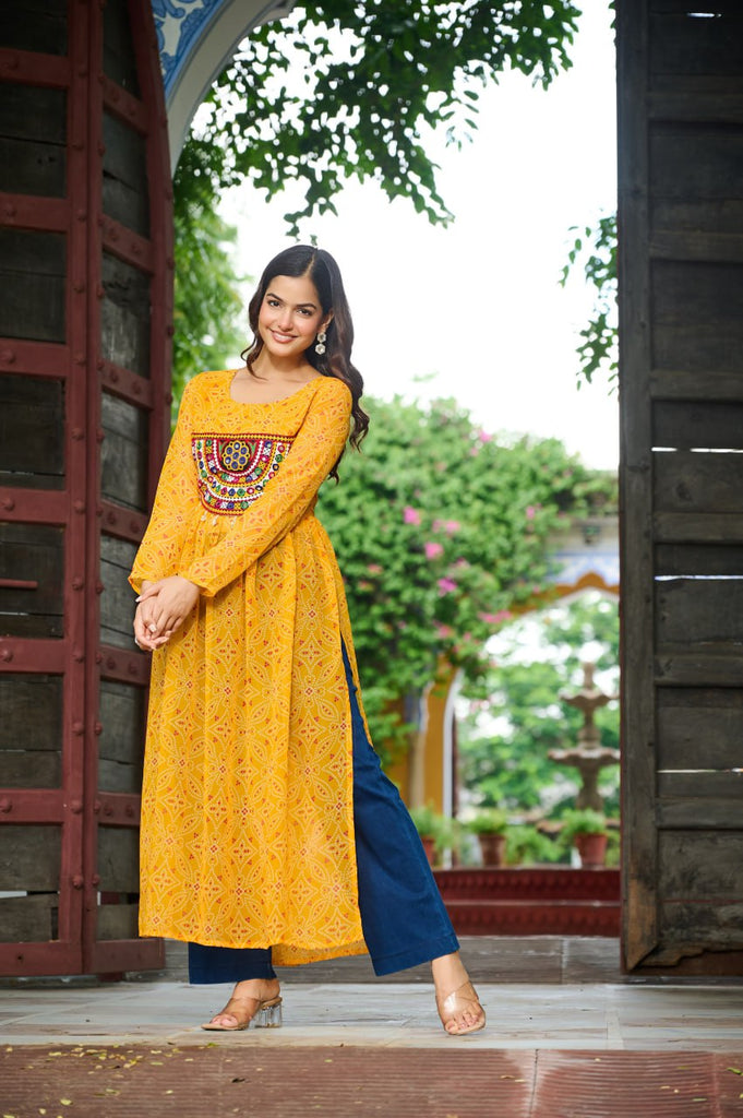 Yellow Navratri Special Bandhej Print Kurti with Kutchi Patch Work ClothsVilla