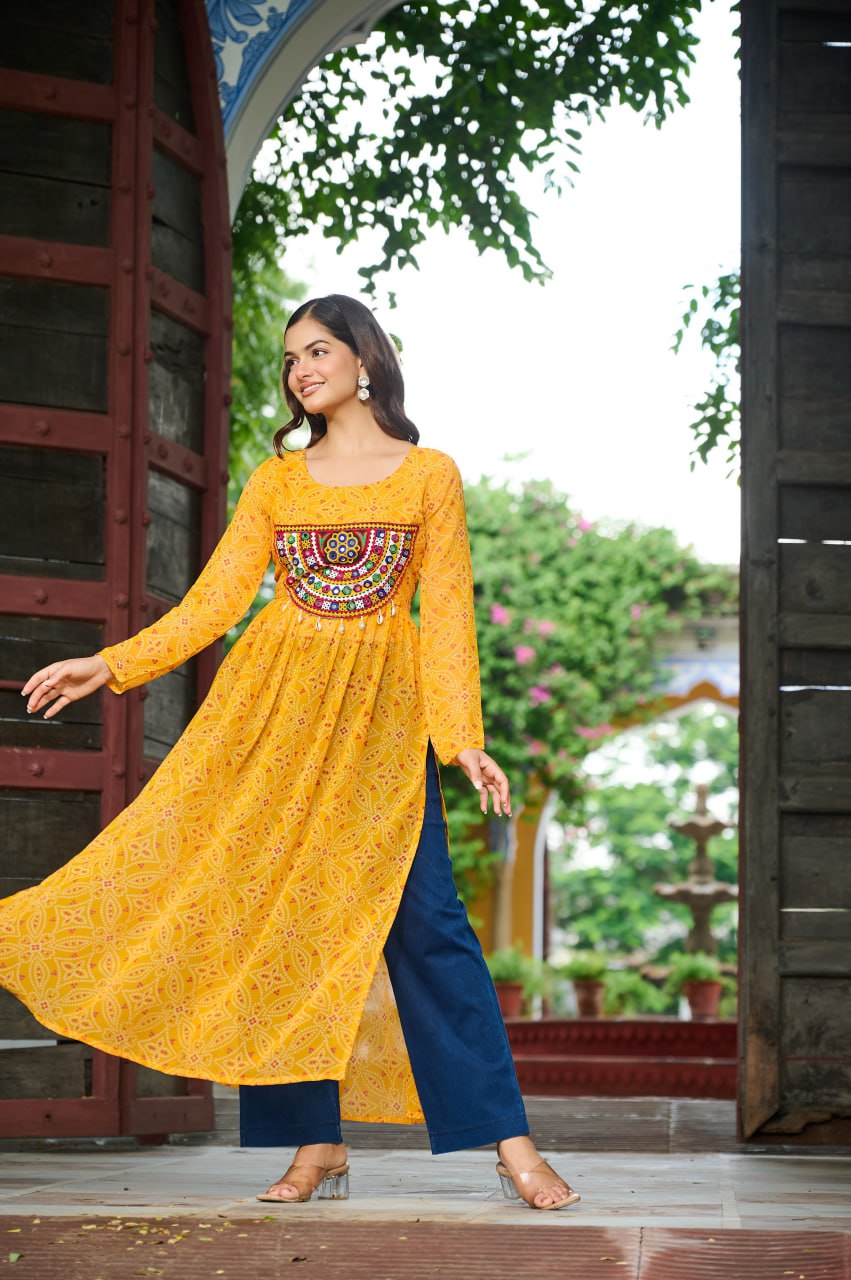 Yellow Navratri Special Bandhej Print Kurti with Kutchi Patch Work ClothsVilla