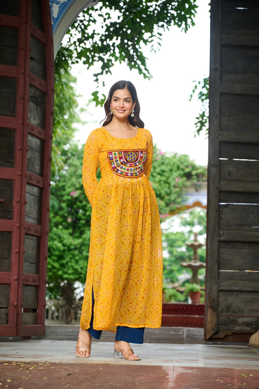 Yellow Navratri Special Bandhej Print Kurti with Kutchi Patch Work ClothsVilla