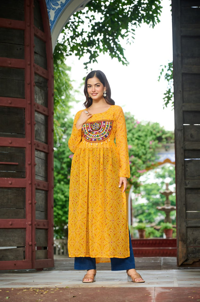 Yellow Navratri Special Bandhej Print Kurti with Kutchi Patch Work ClothsVilla
