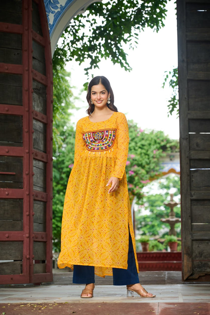 Yellow Navratri Special Bandhej Print Kurti with Kutchi Patch Work ClothsVilla