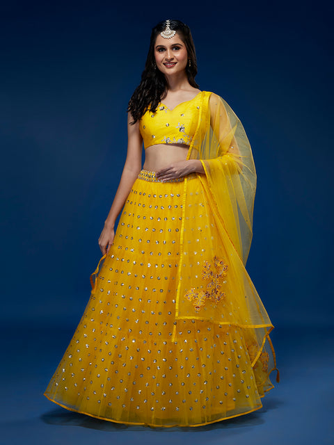 Yellow Net Semi-Stitched Lehenga & Unstitched Blouse With Dupatta Clothsvilla Main image