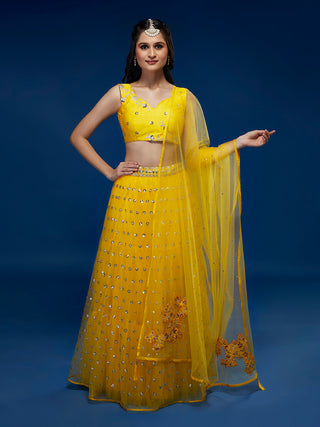 Yellow Net Semi-Stitched Lehenga & Unstitched Blouse With Dupatta Clothsvilla