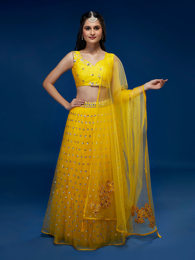 Yellow Net Semi-Stitched Lehenga & Unstitched Blouse With Dupatta Clothsvilla