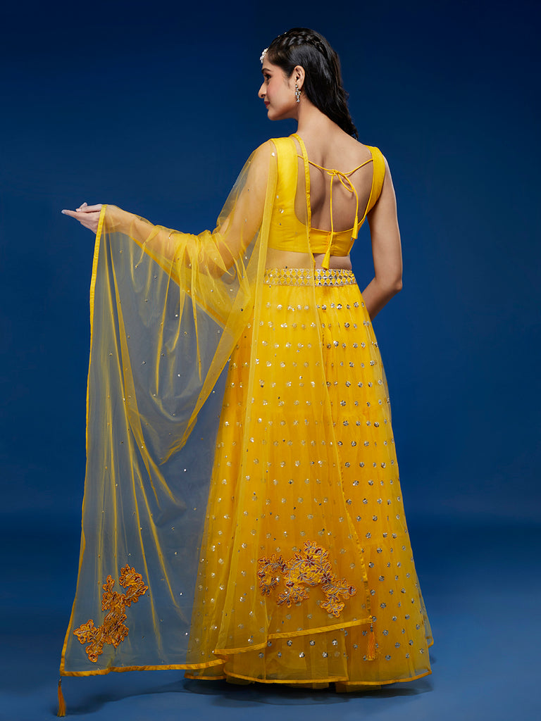 Yellow Net Semi-Stitched Lehenga & Unstitched Blouse With Dupatta Clothsvilla