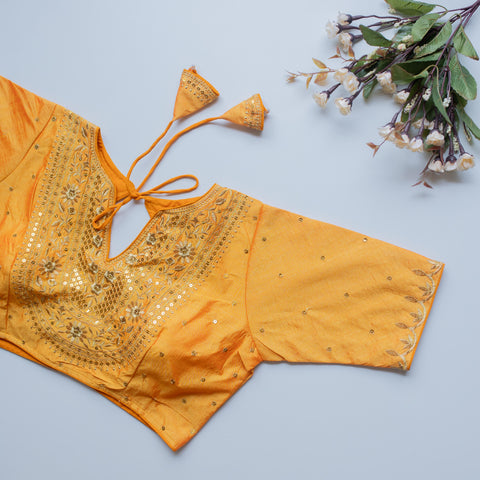 Yellow Olive Silk Blouse with Golden Embroidery and Sequence Accents ClothsVilla Main image