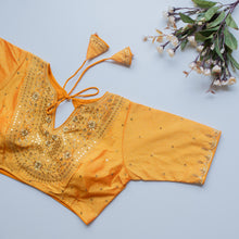 Load image into Gallery viewer, Yellow Olive Silk Blouse with Golden Embroidery and Sequence Accents ClothsVilla