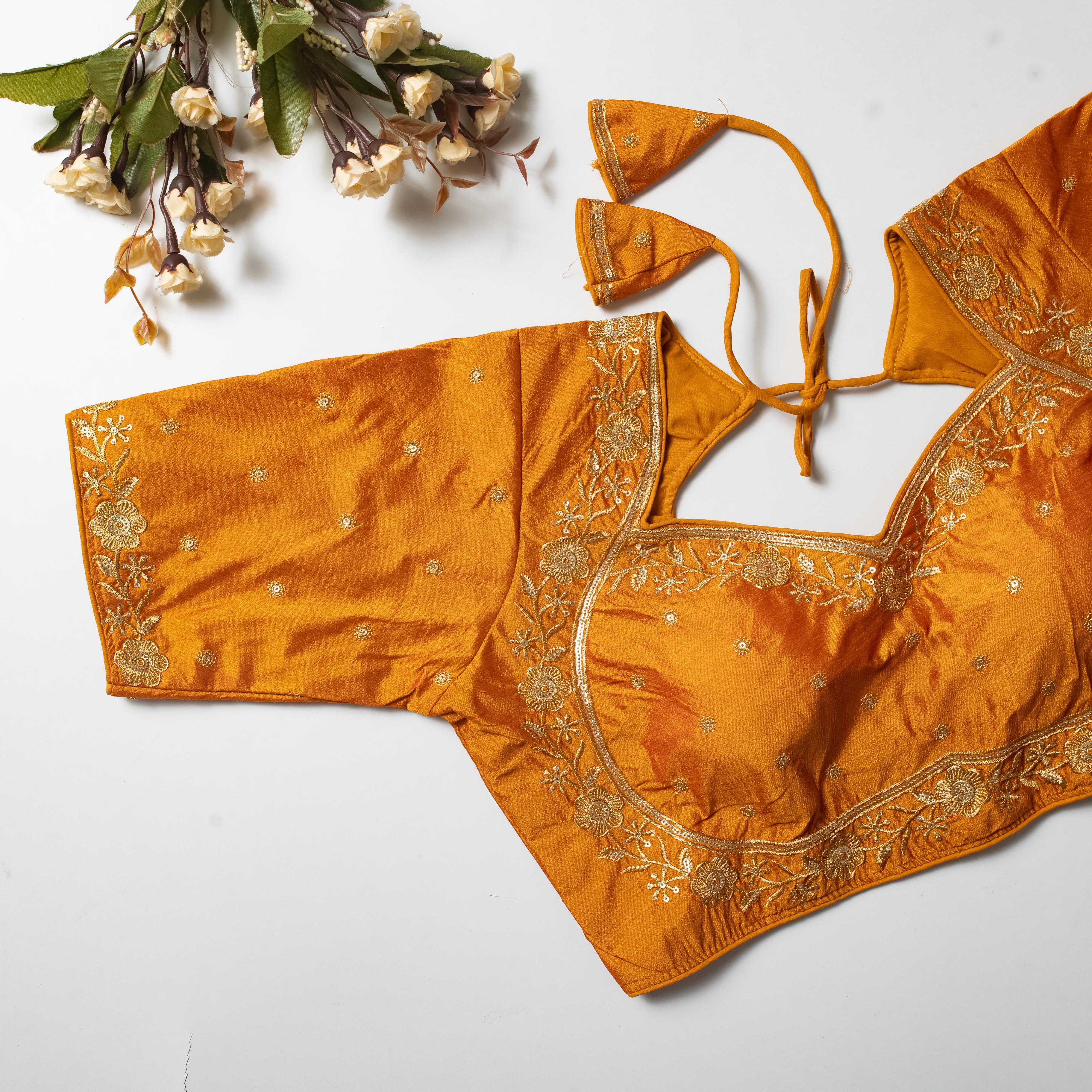 Yellow Olive Silk Blouse with Golden Embroidery and Sequins ClothsVilla Main image