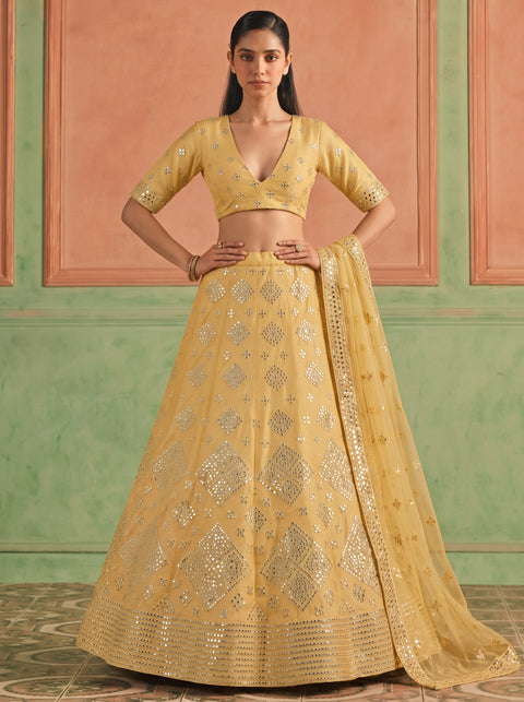 Yellow Organza Embroidered Foil Mirror Work Lehenga Choli Clothsvilla Main image
