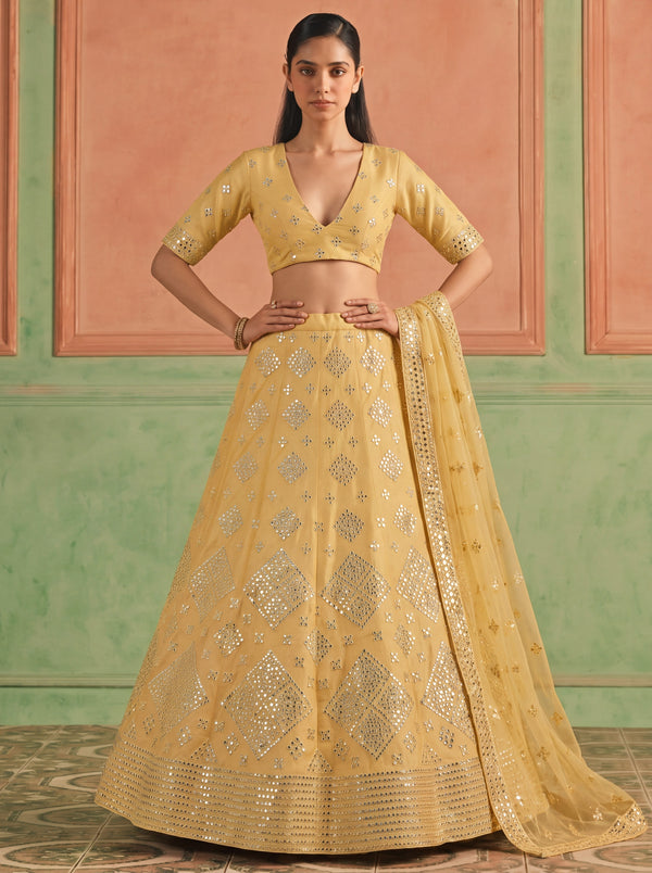 Yellow Organza Embroidered Foil Mirror Work Lehenga Choli Clothsvilla