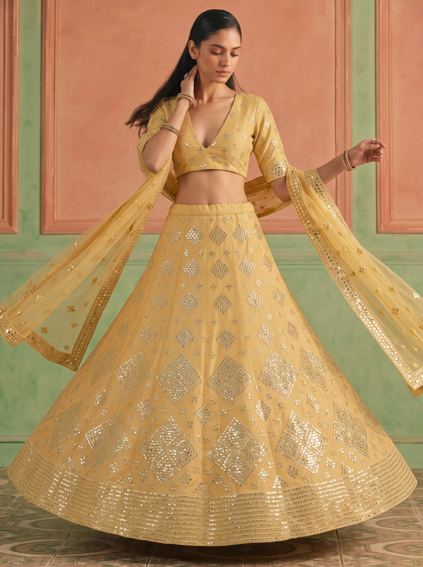 Yellow Organza Embroidered Foil Mirror Work Lehenga Choli Clothsvilla