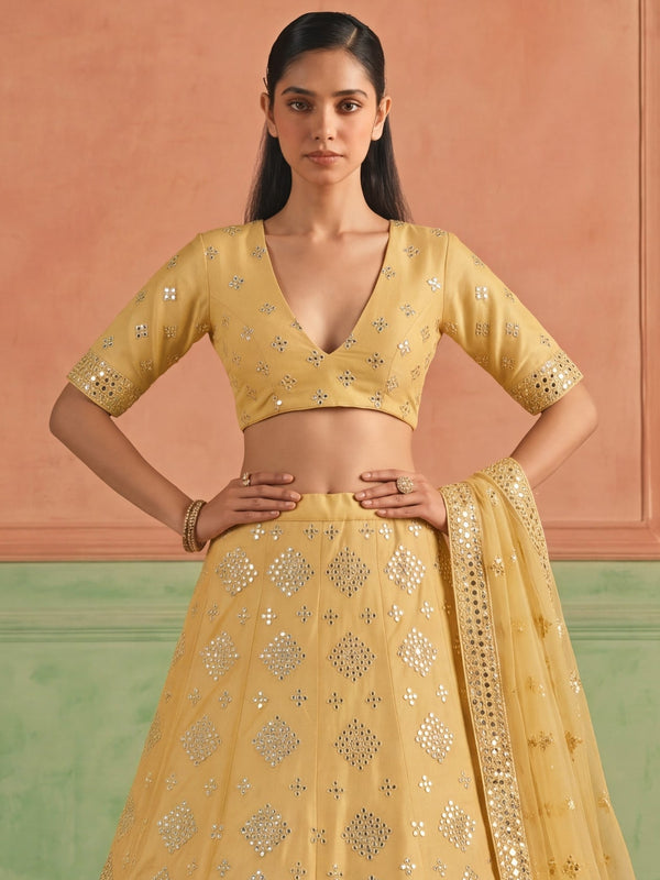 Yellow Organza Embroidered Foil Mirror Work Lehenga Choli Clothsvilla