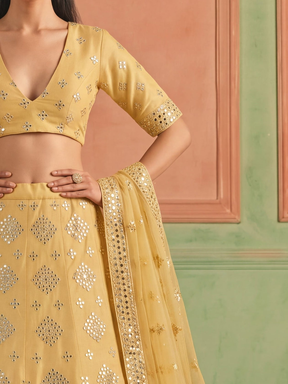 Yellow Organza Embroidered Foil Mirror Work Lehenga Choli Clothsvilla