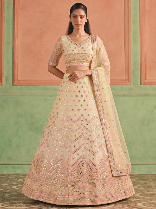 Yellow Organza Embroidered Foil Mirror Work Lehenga Choli Clothsvilla