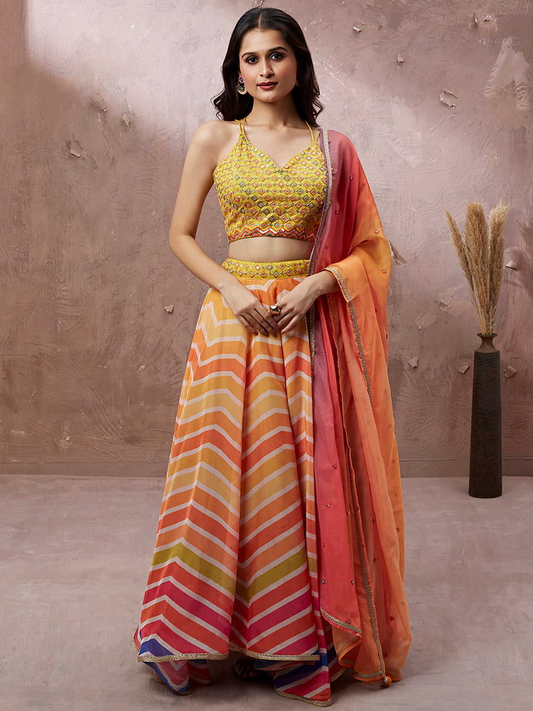 Yellow Organza Leheriya Printed Semi-Stitched Lehenga choli & Dupatta Clothsvilla