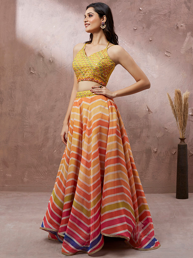 Yellow Organza Leheriya Printed Semi-Stitched Lehenga choli & Dupatta Clothsvilla