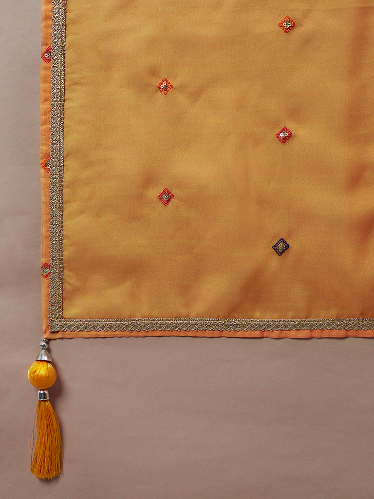 Orange Yellow Saree in Organza Leheriya - Clothsvilla