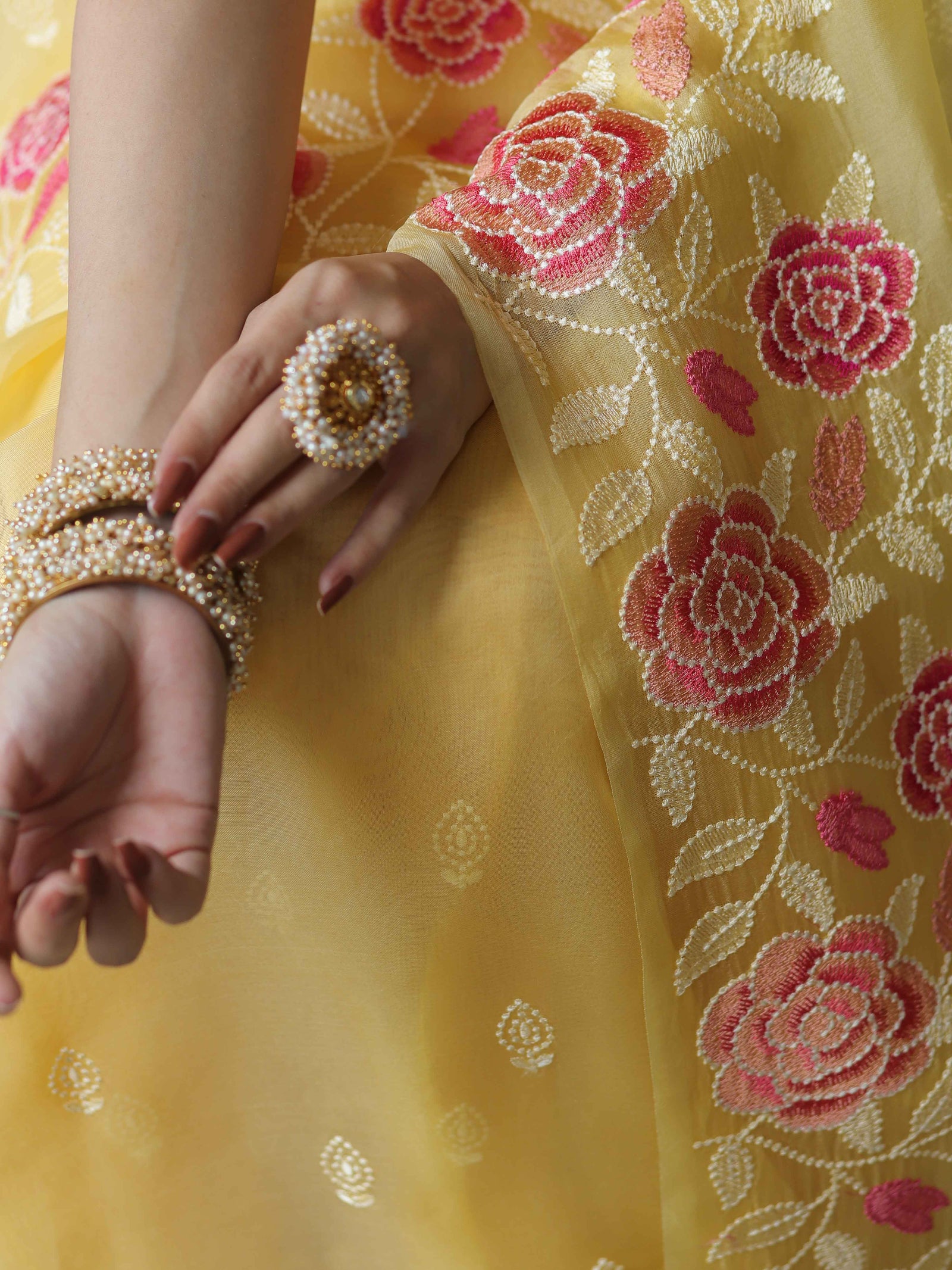 Yellow Organza Silk Saree with Resham Floral Embroidery ClothsVilla