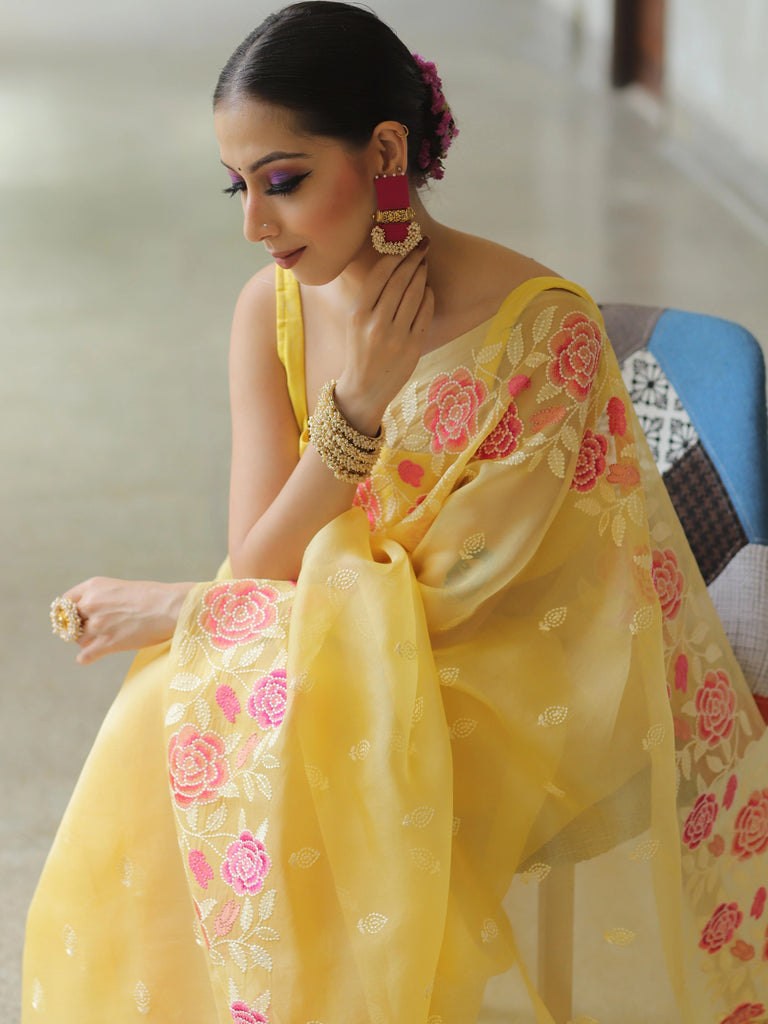 Yellow Organza Silk Saree with Resham Floral Embroidery ClothsVilla