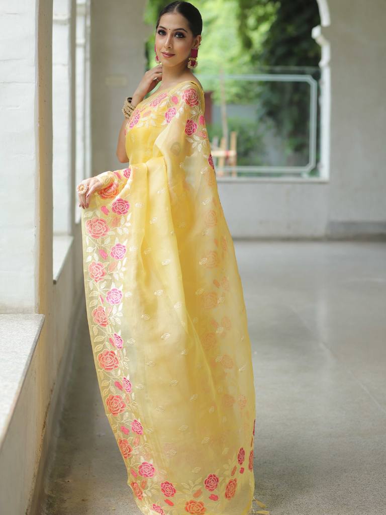 Yellow Organza Silk Saree with Resham Floral Embroidery ClothsVilla