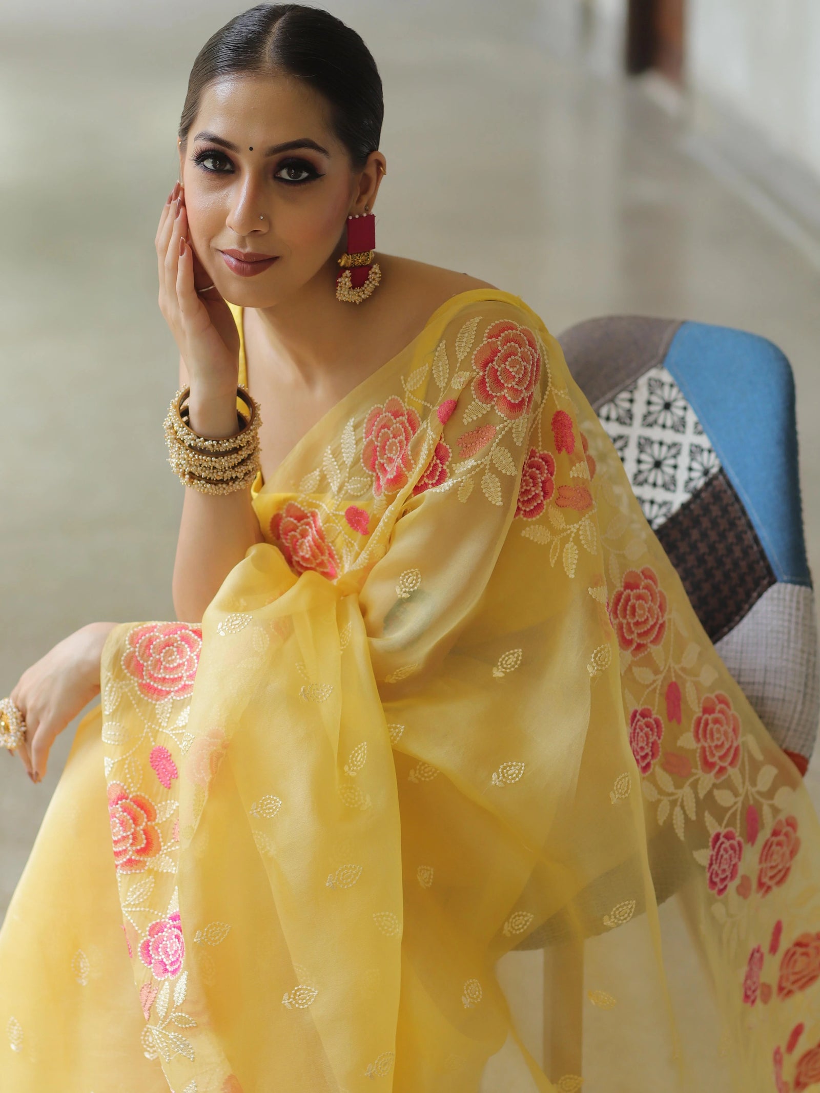 Yellow Organza Silk Saree with Resham Floral Embroidery ClothsVilla