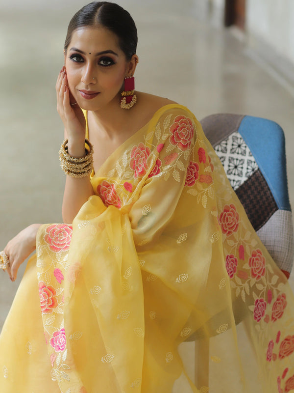 Yellow Organza Silk Saree with Resham Floral Embroidery ClothsVilla